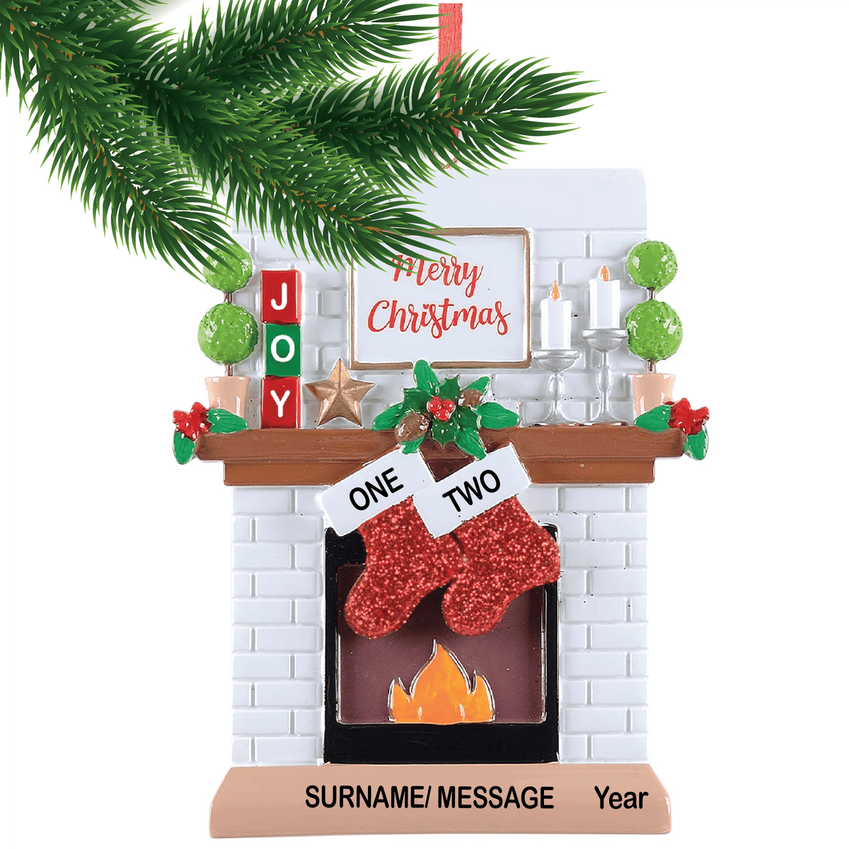 Merry Christmas Fireplace Ornament - 2 Figures